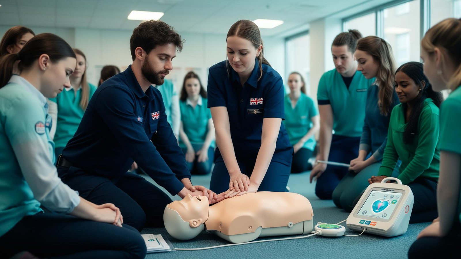 First aid training session with CPR manikin and AED